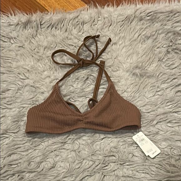 NWT aerie halter brown ribbed swimsuit top - Picture 1 of 4